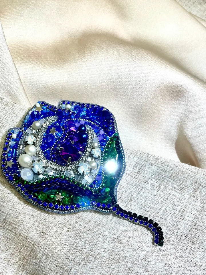 Beaded Flower Brooch, Handmade Embroidered Accessory, Pin Blossom in Blue Color with Half-moon Crescent, Moon Brooch