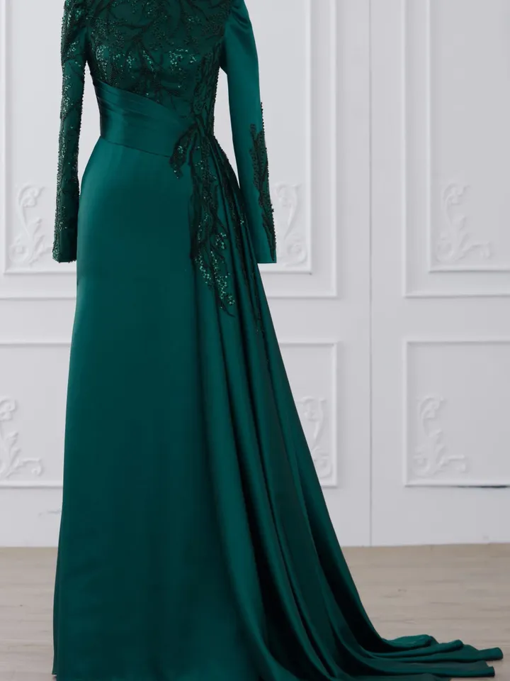 Tılsım Ahunare Green Satin Wedding Dress, Muslim Evening Gown, Nikah, Islamic Wedding, Engagement, Bridesmaid, Maxi Dress
