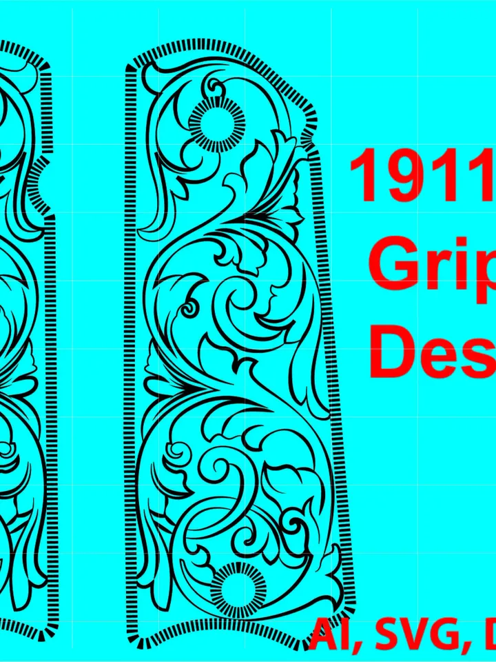 1911 Hand Gun Gripper Scroll Design Custom, Ai, Vector, SVG, DXF, PNG, Digital