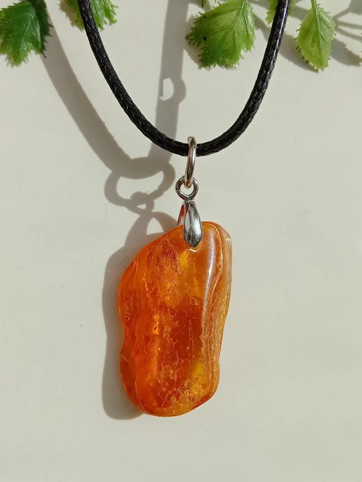 Natural Amber Pendant Necklace Baltic Amber Amulet Necklace Yellow Stone Necklace Black Cord Amber jewelry women and men