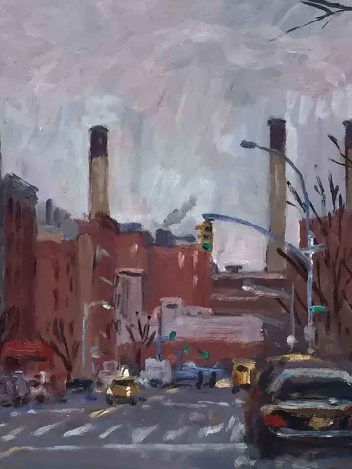 New York Cityscape Painting - Twilight on Avenue D/NYC- 9x12 Oil on Panel, Urban Impressionist Landscape, American Realist Signed Original