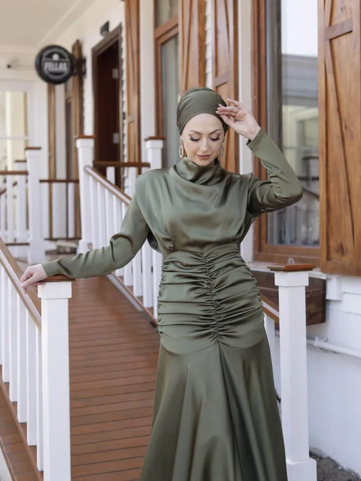 AHUNARE HIJAB - Dilara  Khaki Satin Wedding Dress, Muslim Evening Gown, Nikah, Islamic Wedding, Engagement, Bridesmaid,