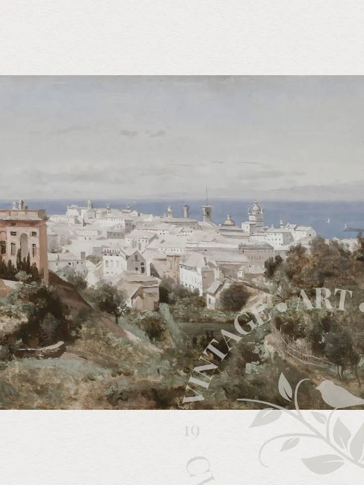 Coastal Landscape Oil Painting City of Genoa, Vintage Art PRINTABLE, Large Cityscape Wall Art Digital | 18