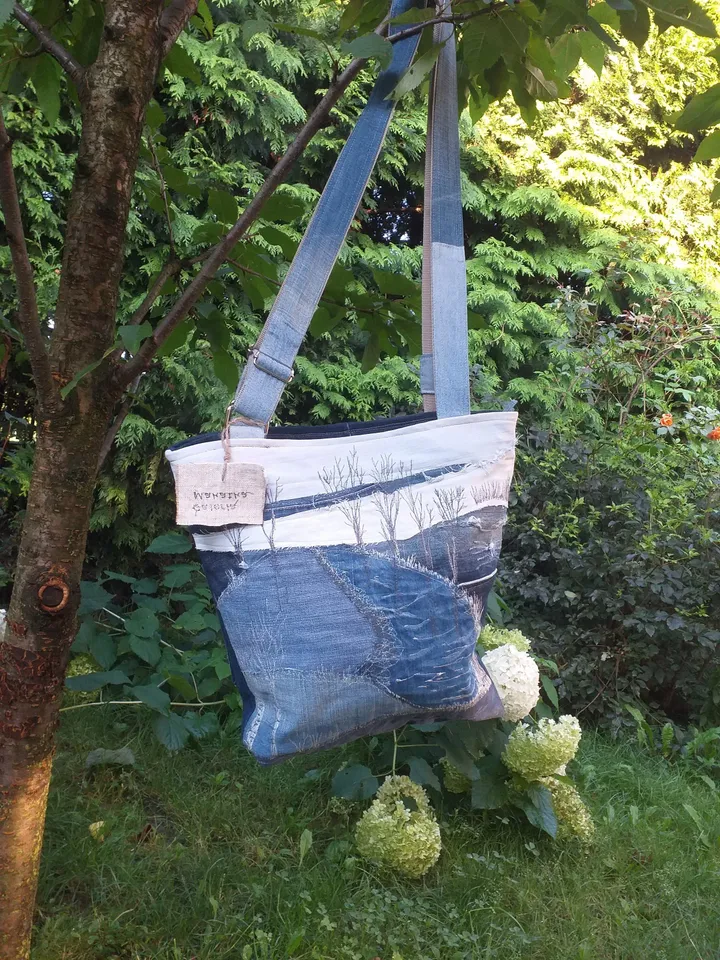 Blue denim ,jeans bag ,upcycling , Bag with winter landscape