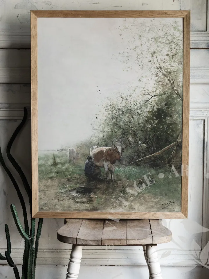 Large Farmhouse Wall Art Cow Milking Painting, Vintage Printable Home Decor, Digital Downloadable | 331