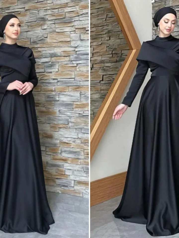 Helen Saten Black Satin Ahunare Wedding Dress, Muslim Evening Gown, Nikah, Islamic Wedding, Engagement, Bridesmaid, Maxi Dress