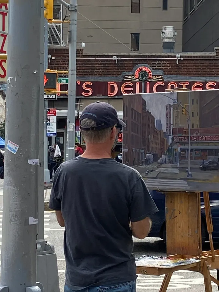 Original New York Cityscape Painting - Katz&#39;s Delicatessen/NYC- 14x18 Oil on Linen, Lower East Side Urban Impressionist Street Scene