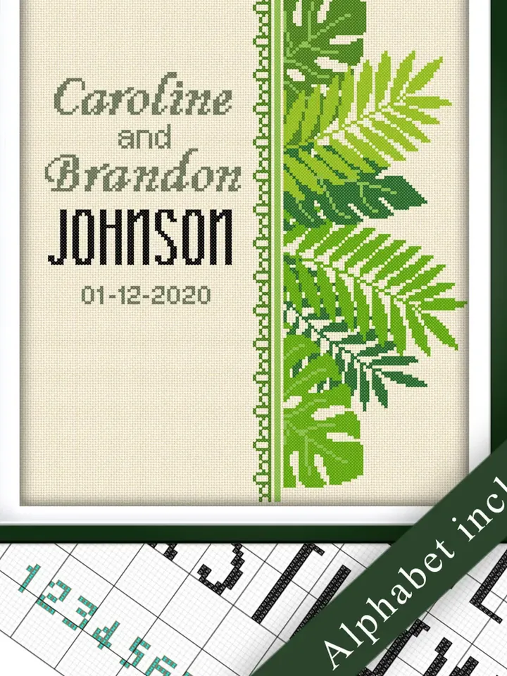 Wedding cross stitch pattern. Save the date cross stitch. DIY. Floral border.
