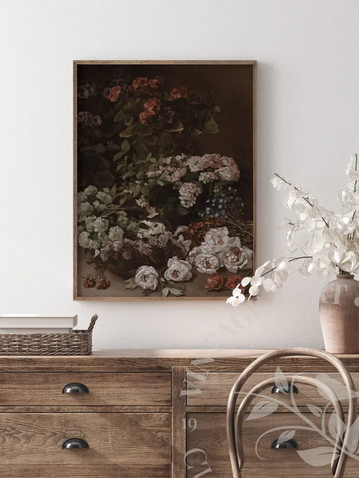 Spring Flowers Dark Antique Still Life Painting, Claude Monet Vintage Artwork PRINTABLE, Cottage Core Wall Decor Downloadable | #114