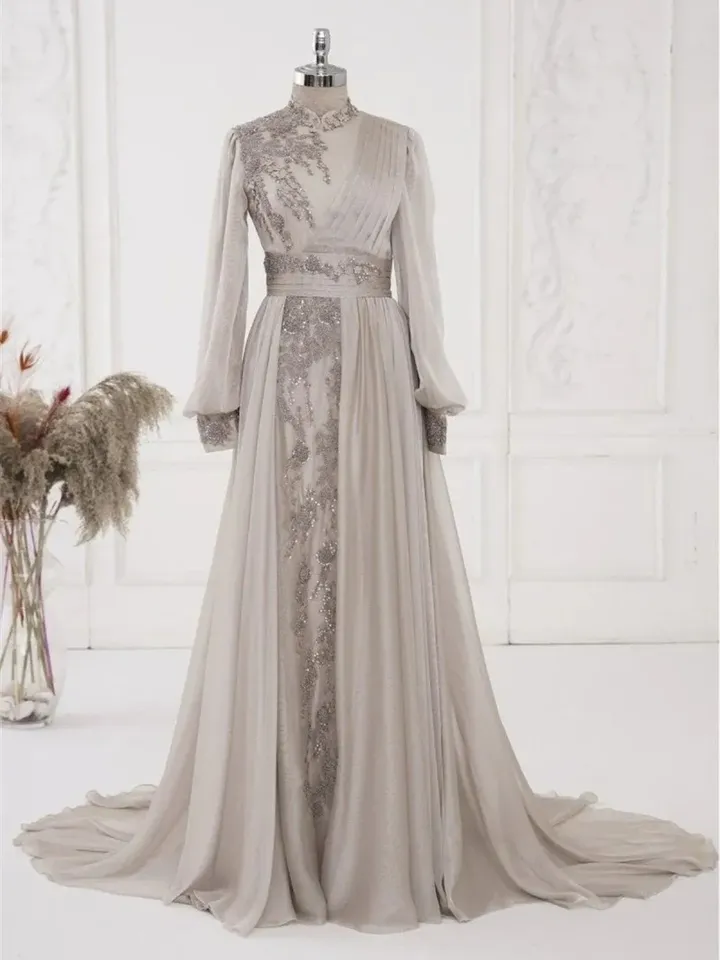 AHUNARE HIJAB - Elit Cream Chiffon Tailed Wedding Dress, Muslim Evening Gown, Nikah, Islamic Wedding, Engagement, Bridesmaid,