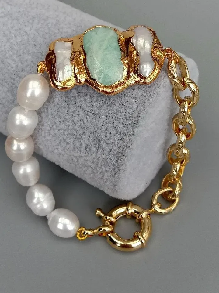 Amazonite Bracelet, Chunky Bracelet, Chunky Gold Bracelet, Gold Pearl Bracelet, Chunky Gemstone Bracelet, Chunky Pearl Bracelet, Bohemian