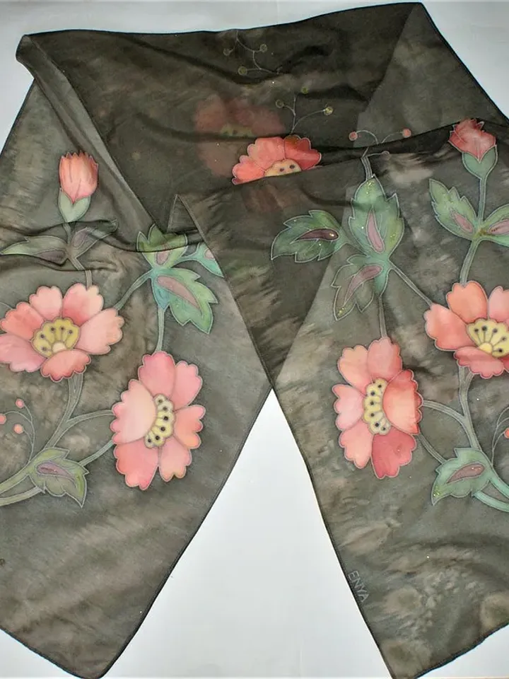 Pink and green scarf Hand painted scarf Floral scarves Cotton and silk scarf