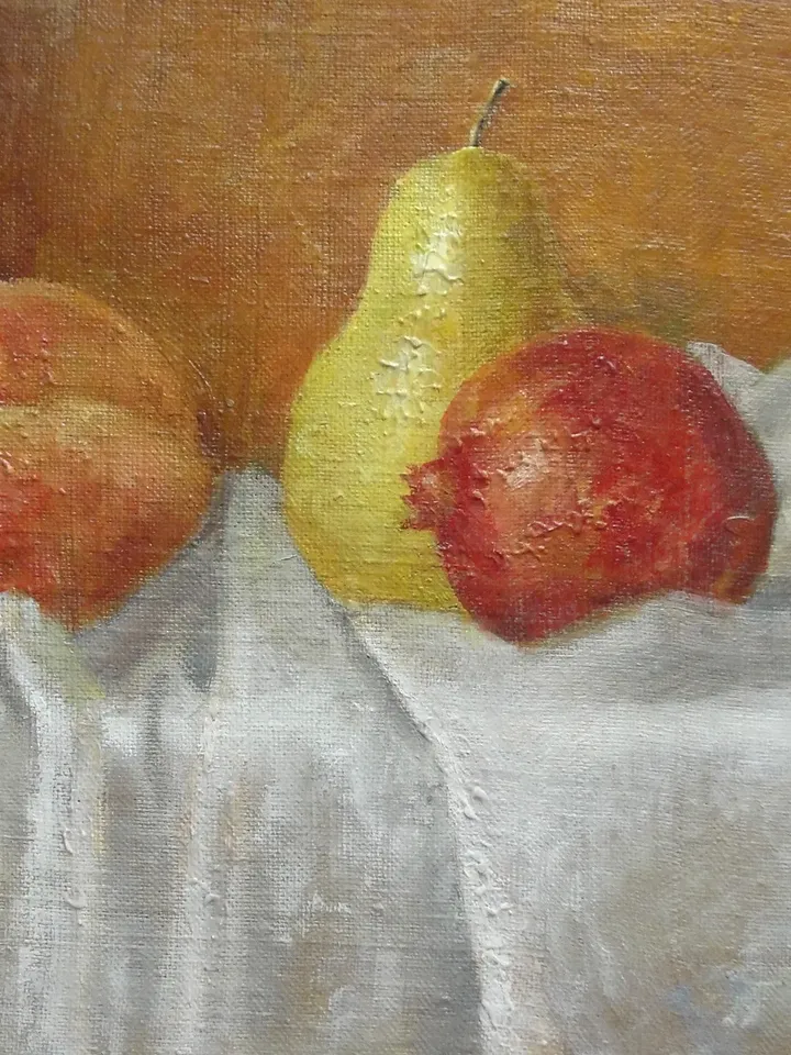 "Peach, pear and pomegranate" fruit oil painting still life original wall art picture small