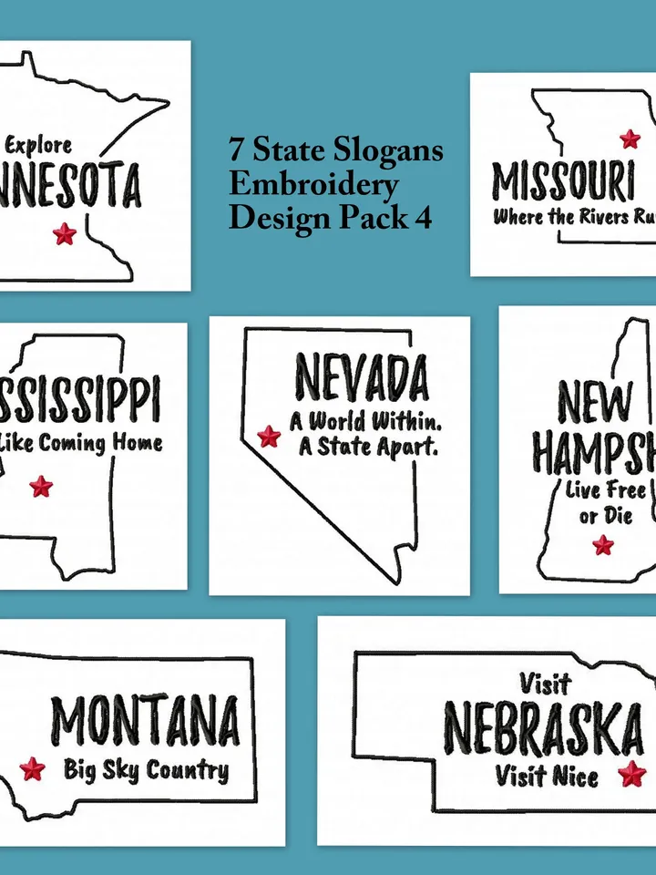 50% off,7 State Slogans Embroidery Design Pack 4,7 size, Instant Download,Applique,Digital Machine,New Sale,Gnomes,Dst,Jef,Xxx,Pes,Hus,Exp.