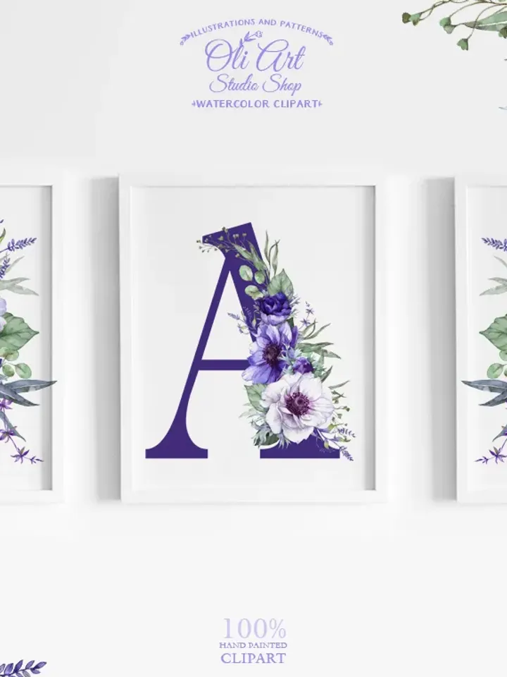 Alphabet. Anemone Flowers. Letters, Numbers. Hand Drawn graphics. Digital Download. OliArtStudioShop