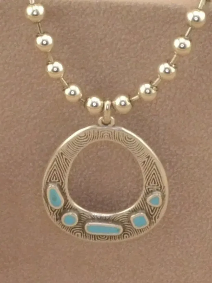 Turquoise Teardrop Necklace with Silver Ball Chain | Ethnic Oval Pendant Necklace | Unisex Bohemian Turquoise Jewelry | Gifts for Her/Him