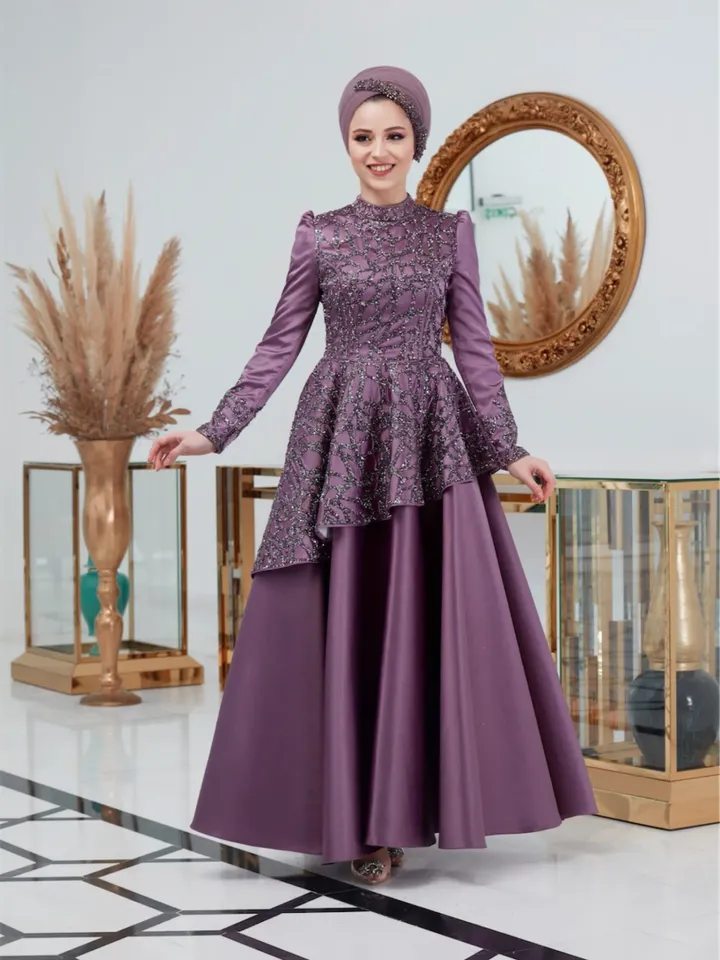 Hürrem Lavander Satin Embroidered Ahunare Wedding Dress, Muslim Evening Gown, Nikah, Islamic Wedding, Engagement, Bridesmaid, Maxi Dress