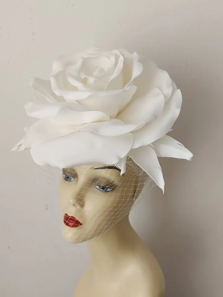Large white rose veil Fascinator, Kentucky Derby Hat Wedding Headband, Bride 2024