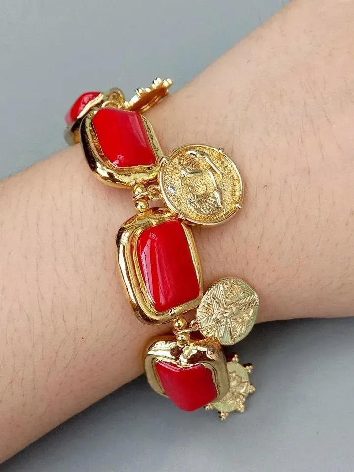 Luxurious Chunky Red Coral Bracelet with 18k Gold Plating and Dangling Greek Charms