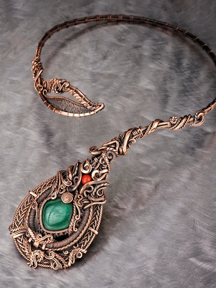 Malachite and jasper collar necklace Unique wire wrapped copper open choker for woman Artisan jewelry Wire Wrap Art