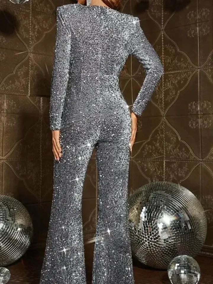 Sequin V Neck Puff Sleeve Flare Leg Jumpsuit Wedding Party Evening Prom Cocktail Club Xmas Christmas 2 Colors