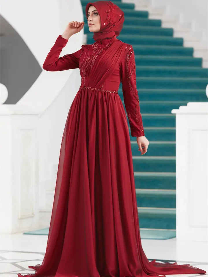AHUNARE HIJAB - Dila Burgundy Chiffon Wedding Dress, Muslim Evening Gown, Nikah, Islamic Wedding, Engagement, Bridesmaid,