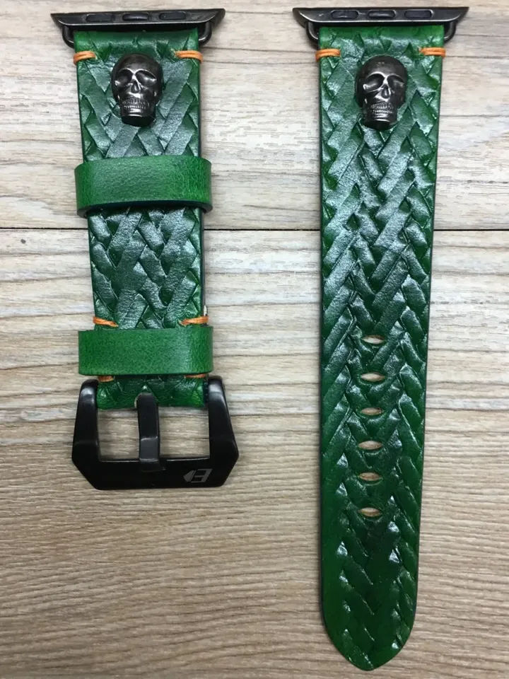 Green Leather Engraved Apple Watch Band Series 6 44mm, Apple Smart Watch Band Series 7 45mm with Skull Sterling Silver Stud, iWatch Straps