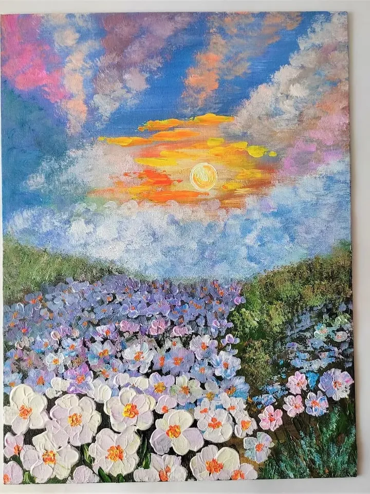 White flower canvas wall art a sunset painting impasto