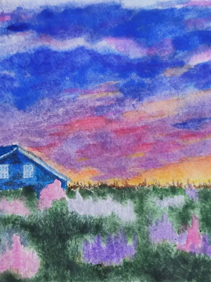 Sunset painting original watercolor art flower fields village landscape