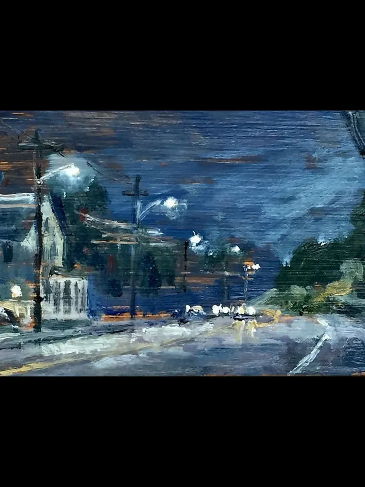 Small Night Scene Painting -American Nocturne- 4x8 Oil on Panel, Plein Air Impressionist Landscape, Signed Original Fine Art