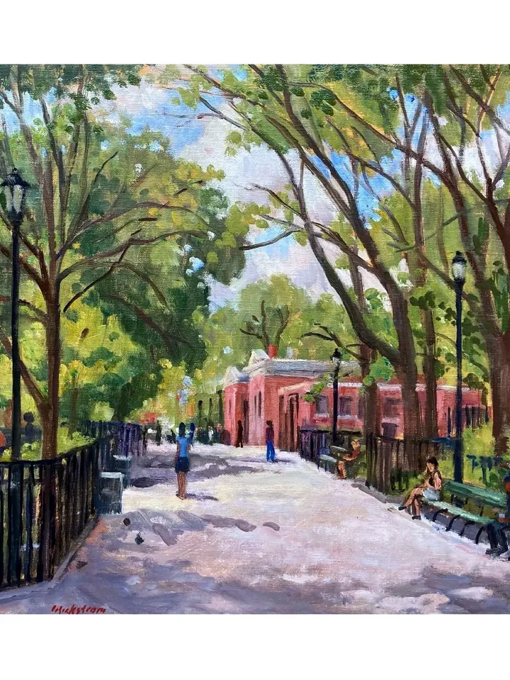 Original New York Cityscape Painting - From Tompkins Sq Park/East Village NYC - 16x16 Oil on Canvas, New York Impressionist Signed Original