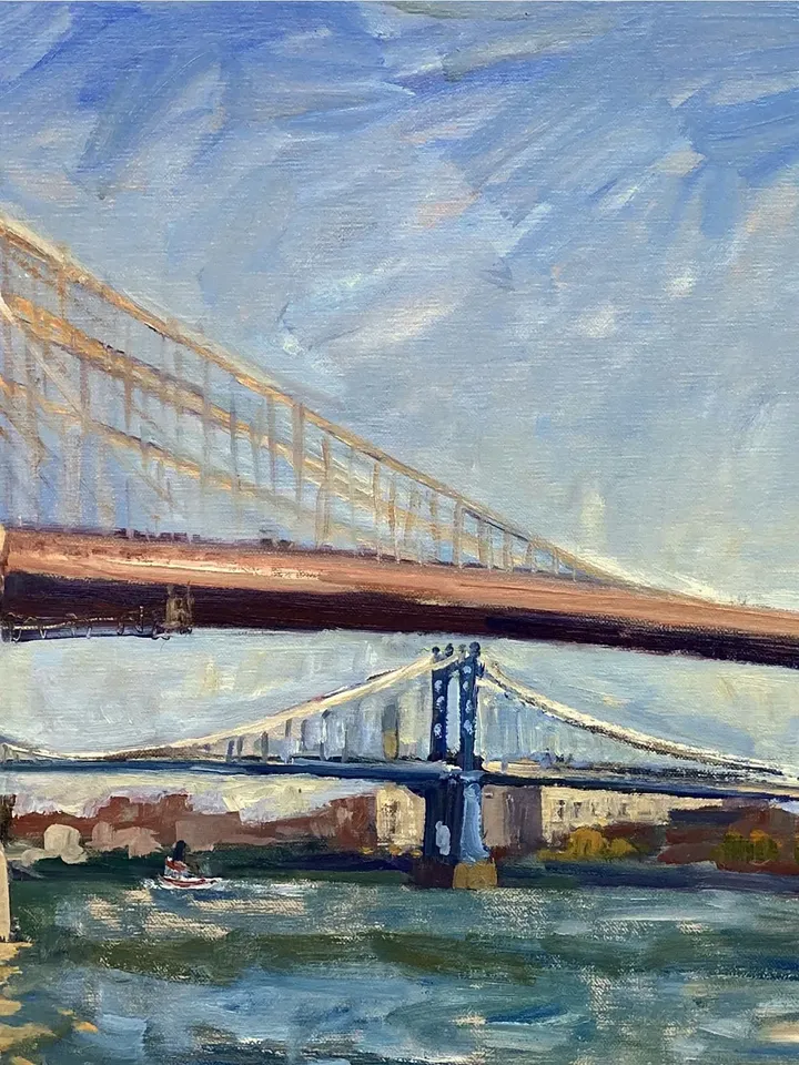 Large Original New York Cityscape Painting - Brooklyn Bridge/NYC - 14x26 Oil on Linen, Impressionist Fine Art, Signed Plein Air Landscape
