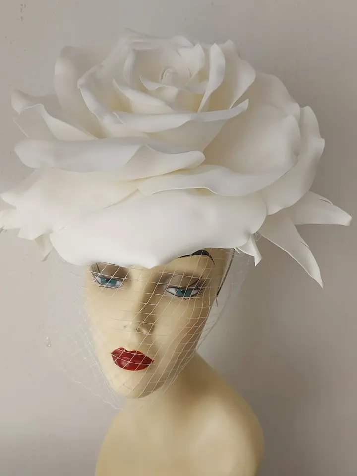 Large white rose veil Fascinator, Kentucky Derby Hat Wedding Headband, Bride 2024