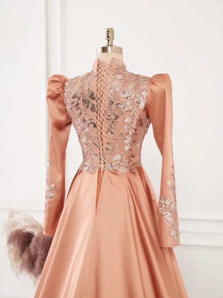 AHUNARE HIJAB - Nisa Salmon Satin Wedding Dress, Muslim Evening Gown, Nikah, Islamic Wedding, Engagement, Bridesmaid,