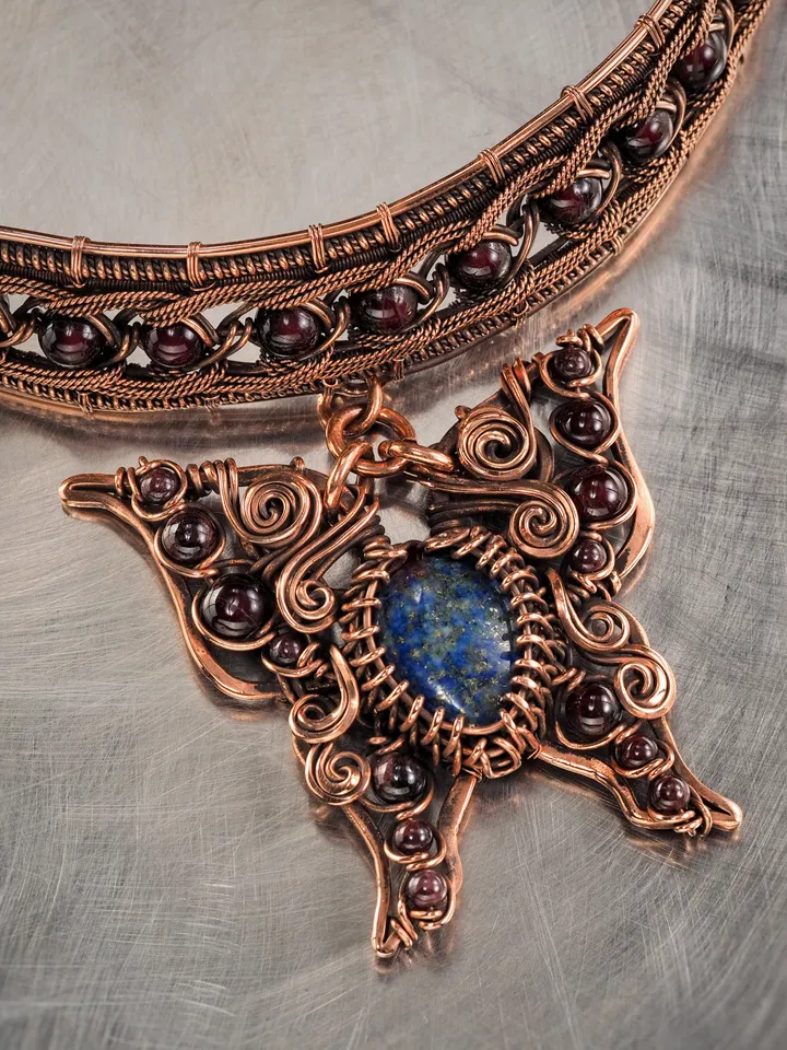 Butterfly choker with pendant Azurite malachite Garnets Copper wire wrapped necklace for lady Unique design WireWrapArt