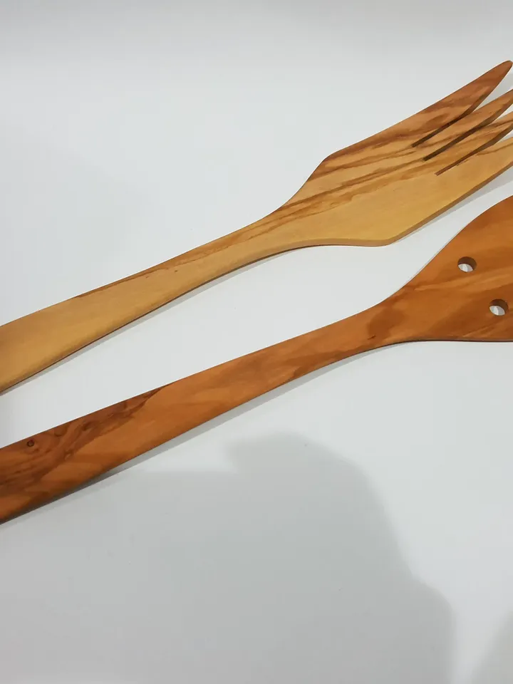 Wooden Set of Big Fork (Forchettone) + Big Spatula with 6 holes 13.78 Inches - AKwood - You will get what you see!