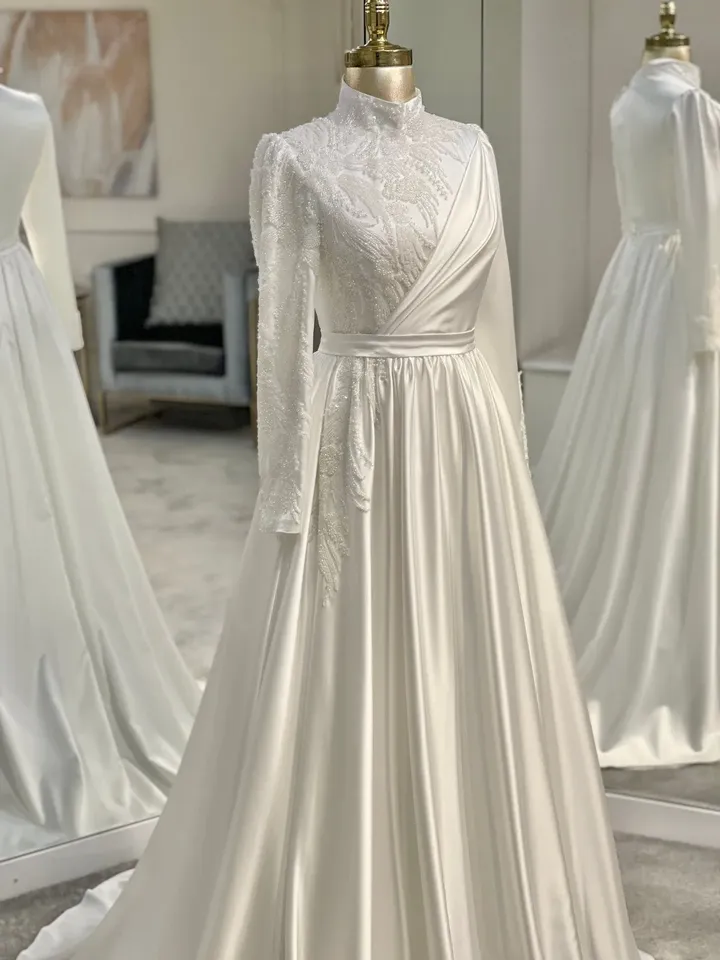 AHUNARE HIJAB - Lara White Satin Embroidered Wedding Dress, Muslim Evening Gown, Nikah, Islamic Wedding, Engagement, Bridesmaid,