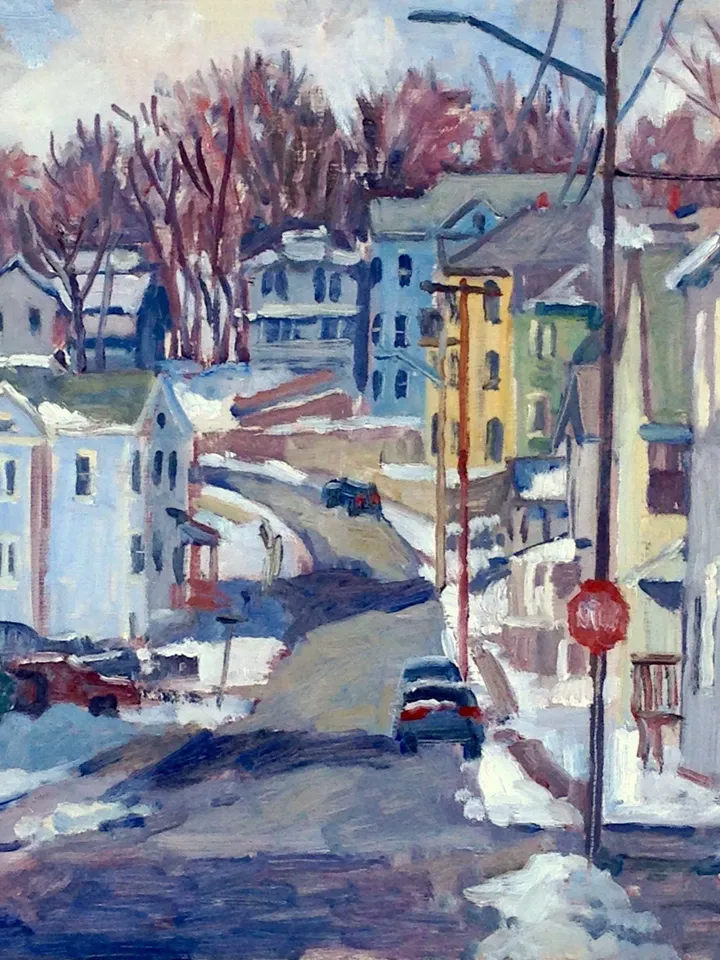 10x10 Winter Landscape Painting - Snowy Street/North Adams - Oil on Panel, Plein Air Impressionist Snow Scene, Signed Original