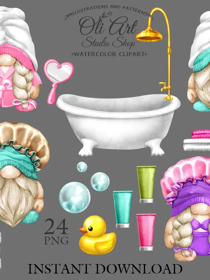 Gnomes in the bathroom. Spa day. Hand Drawn Graphics, Instant Download. Digital Download. OliArtStudioShop