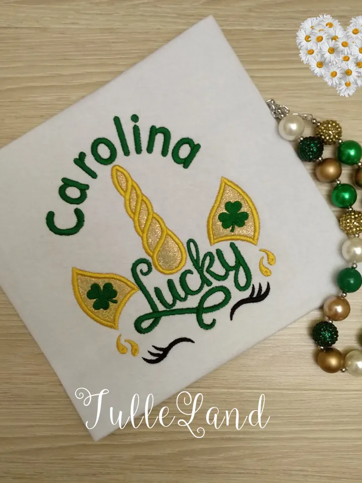 St. Patrick's Day Unicorn Green Irish Unicorn Shamrock Green Clover Lucky Unicorn Applique Design for Machine Embroidery