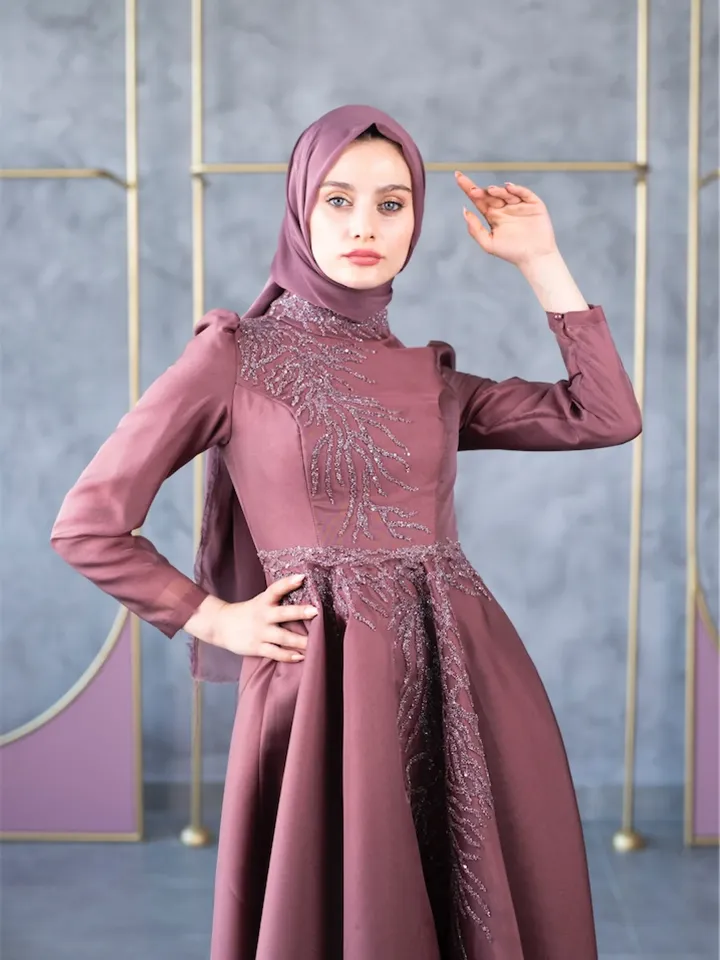 AHUNARE HIJAB - Mimoza Dried Rose Embroidered Wedding Dress, Muslim Evening Gown, Nikah, Islamic Wedding, Engagement, Bridesmaid,
