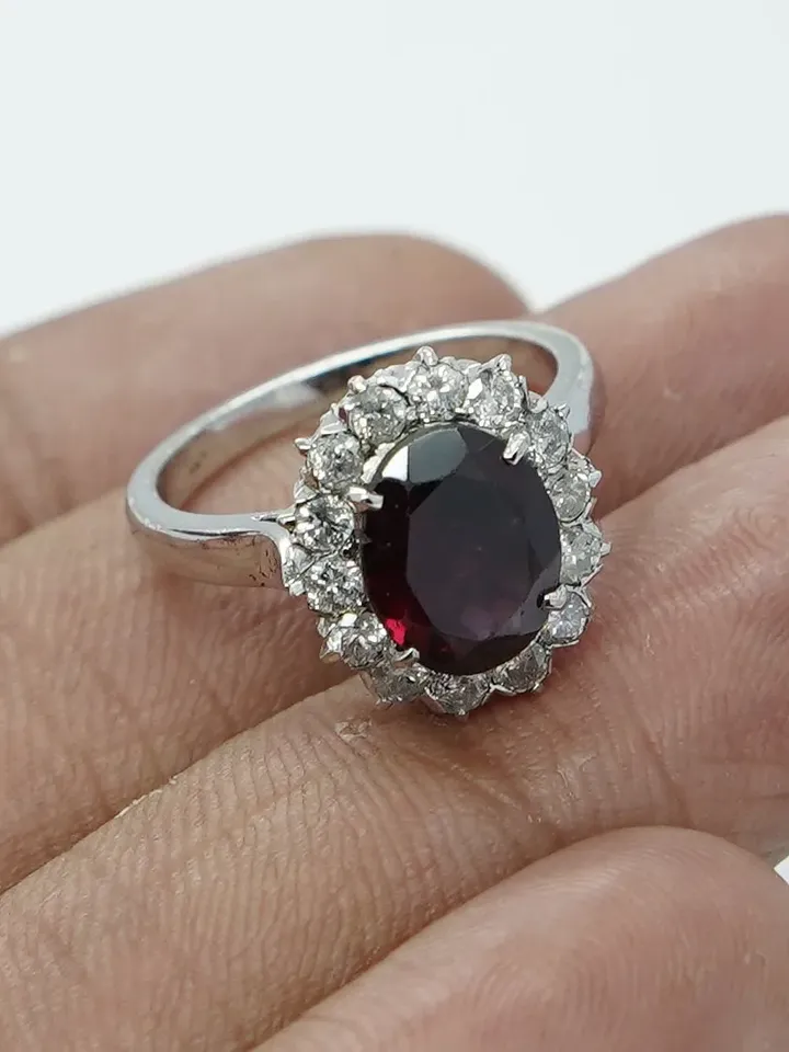 Natural Garnet Diamond Ring, 925 Sterling Silver Ring, Garnet Engagement Ring, Oval Cut Ring, Garnet Jewelry, Art Deco Ring, Midi Ring