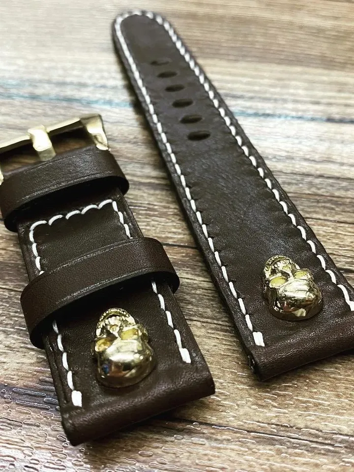 Brown Watch Straps in 24mm 26mm, Genuine Leather Watch Band, Handmade Wristwatch Band 22mm 21mm with cream white stitching Bronze Skull Stud
