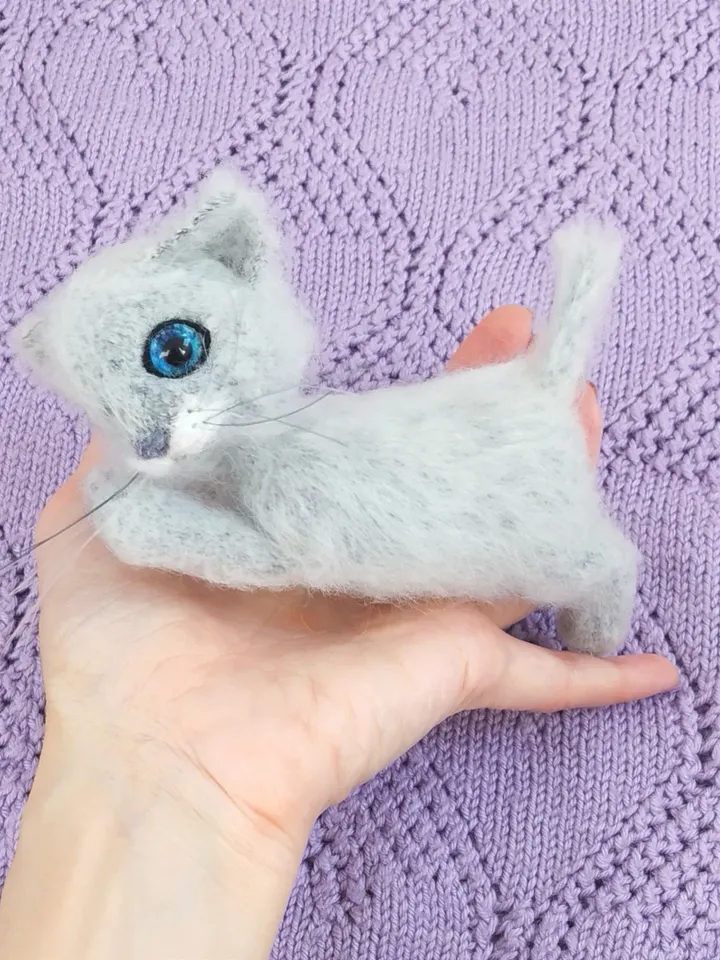 Realistic kitten with blue eyes, small gray kitten with movable paws cat lover gift, pet stuffed animal, gift for girl
