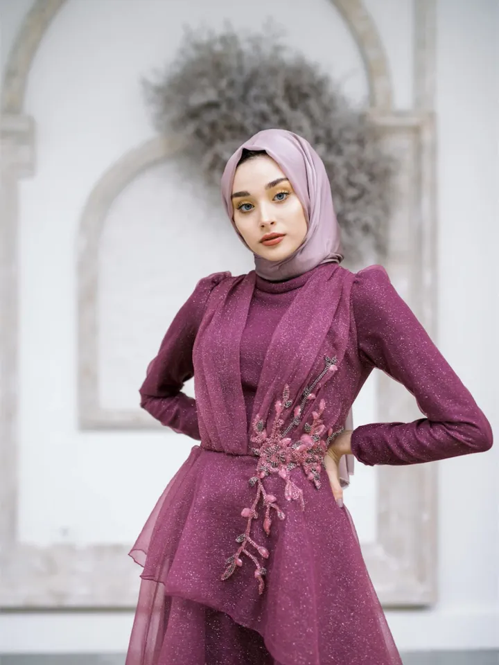 AHUNARE HIJAB - Sinem Fuchsia Silvery Wedding Dress, Muslim Evening Gown, Nikah, Islamic Wedding, Engagement, Bridesmaid,