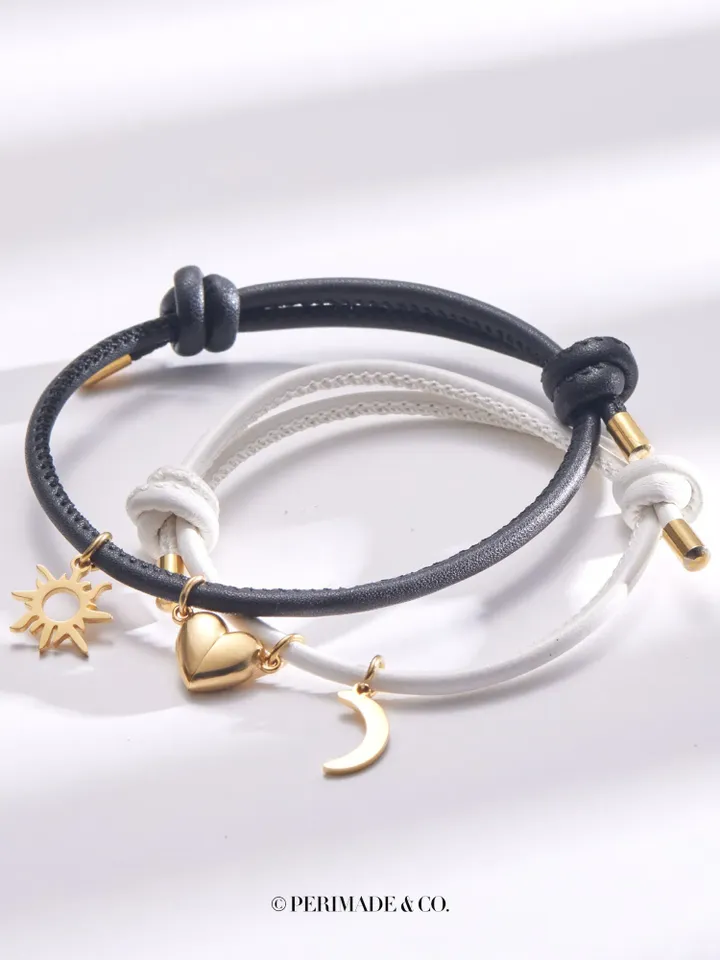 PERIMADE Magnetic Heart Couple Bracelet • Matching Sun Moon Charm Bracelet • Long Distance Relationship Jewelry • Trendy Best Friend Gift