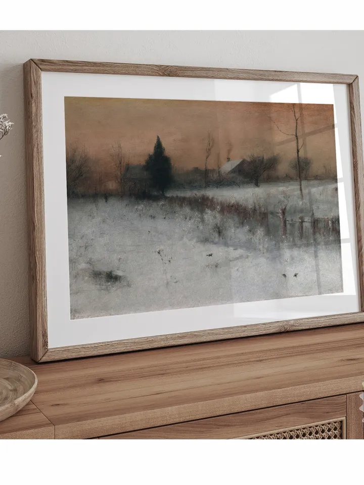 Evening Landscape Snowy Rural Oil Painting, Muted Print Vintage Decor, Printable Wall Art Downloadable | 279