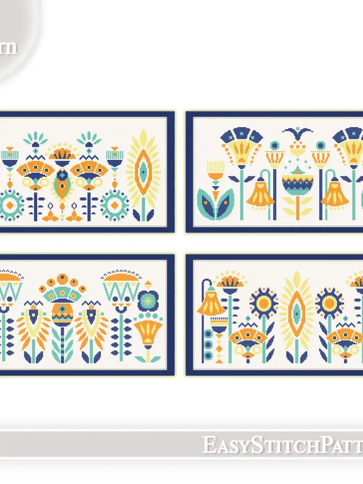 Abstract Flowers cross stitch pattern. Scandi cross stitch pattern. Folk cross stitch pattern.