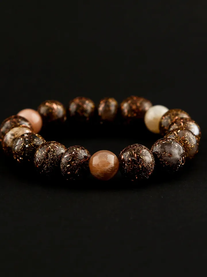 Orgonite rose gold sunstone, solar energy, solar plexus chakra bracelet. The power of sunstone is increased with incense and Tibetan bowls.