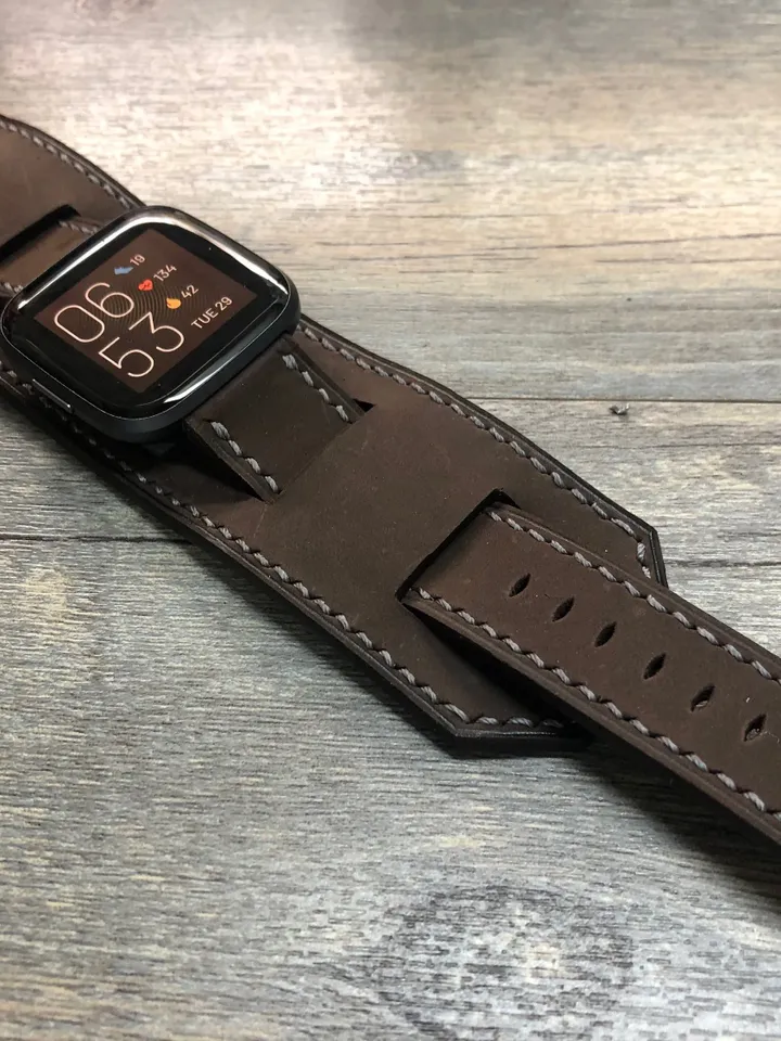 Fitbit Watch band, Versa 2, Lite, Watch Strap, Full Bund Strap, Leather Cuff Band, Brown leather Watch Strap